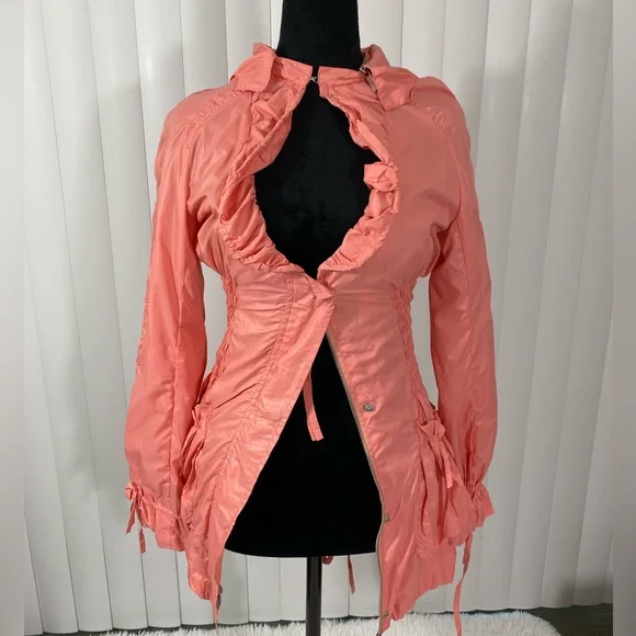 BLANC NOIR Sample Smocked Waist Nylon Anorak Windbreaker Hoodie Jacket Coral S - Picture 5 of 16